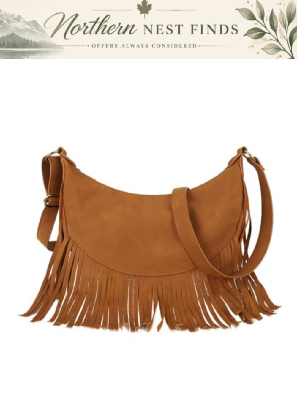 Vegan Suede Fringe Crescent Crossbody Hobo Bag Multi Pocket
